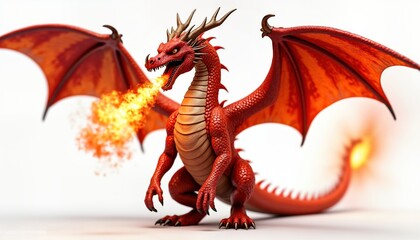 Naklejka premium Fiery red dragon breathes flames. Mythical creature with large wings, sharp claws. Fantasy art illustration. Isolated on white background. Powerful animal symbol. Detailed design. Imaginative
