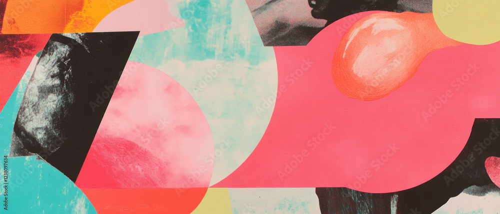 Poster exploring shapes and colors in a playful minimalistic mixed media collage
