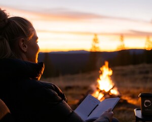 Serene Campfire Collaboration Young Adults Sharing Strategies in Nature - Casual Outdoor Retreat for Corporate Creativity and Wellness Integration