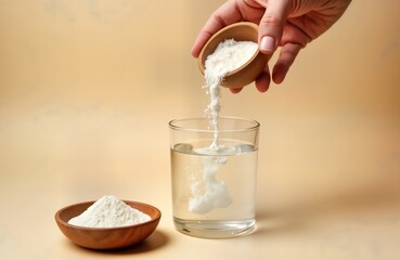 Woman pours psyllium husk powder into glass of water. Healthy dietary fiber supplement for gluten-free diet, improved digestion. Beige background. Natural ingredient for healthy lifestyle.