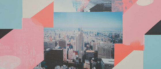 Minimalistic mixed media collage featuring city grids and aerial view