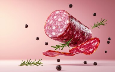 Sliced smoked salami floating with black peppercorns and rosemary on a pastel gradient