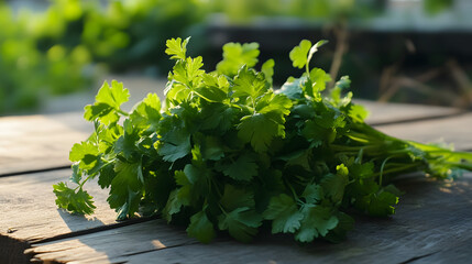 Bunch of fresh green herbs with leaves on a wooden table in the garden, on a sunny day. Concept of eco-food and a healthy lifestyle