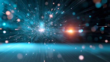 Fototapeta premium Teal and orange light burst explosion background, futuristic digital energy, abstract space scene, website design element