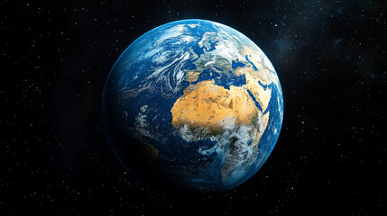 Obraz premium A high-resolution view of Earth from space, showcasing continents, oceans, and atmospheric details against a starry backdrop. Perfect for science, education, and global-themed projects