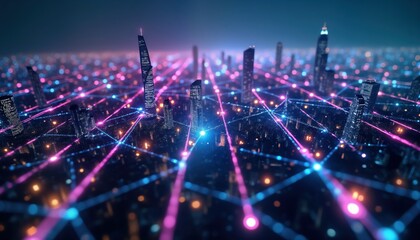 Futuristic city landscape at night. Skyscrapers interconnected by glowing network lines. Colorful lights connect city structures creating modern tech concept. Wireless connection, tech innovation