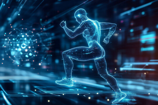 Futuristic hologram of a running human with glowing biomechanical details, digital data overlays, and a high-tech background. Ideal for fitness, AI, and technology concepts