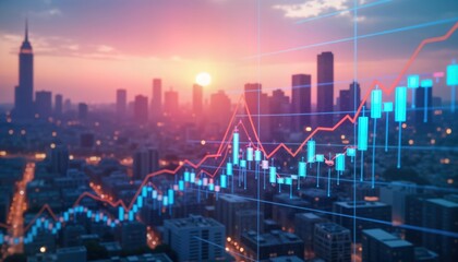 City skyline at twilight overlaid with financial market data. Bright chart with investment trends. Market graphs show upward trends. Buildings stand as backdrop to business development. Investment,