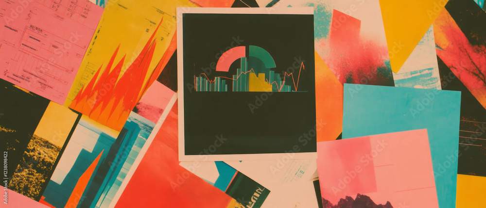 Poster collage of growth metrics and office themes showcasing a blend of playful and professional design