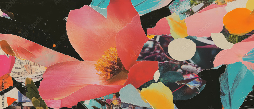 Poster creative expression through minimalistic mixed media collage with vibrant elements