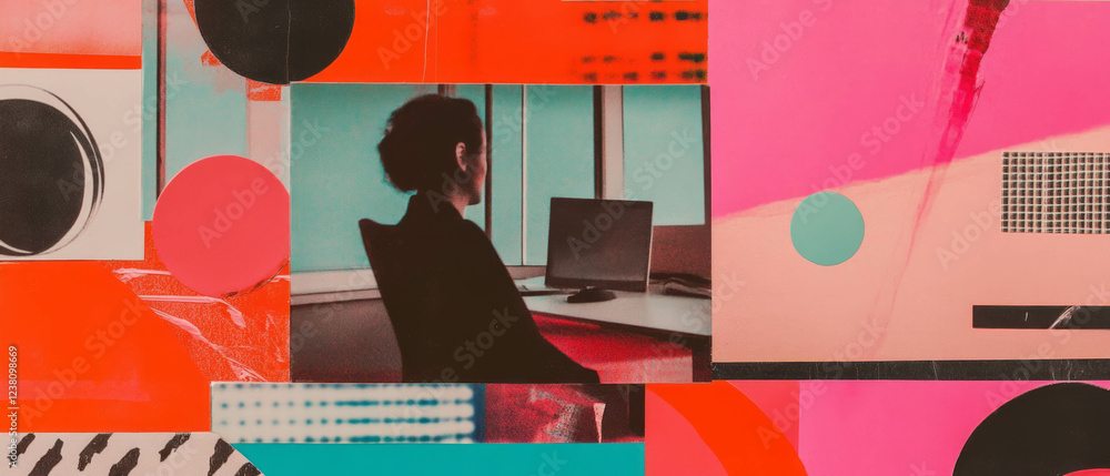 Aufkleber exploring leadership ideas through a colorful mixed media collage with an empty office focus