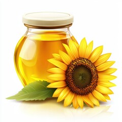 small container of sunflower oil with a sunflower next to it, centered on a white background