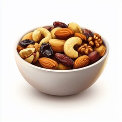 small bowl of mixed nuts and dried fruits, placed on a bright white background