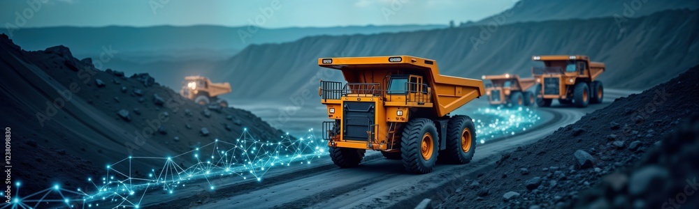 Poster connected mining vehicles move along digitally optimized route in quarry. tech solutions improve eff