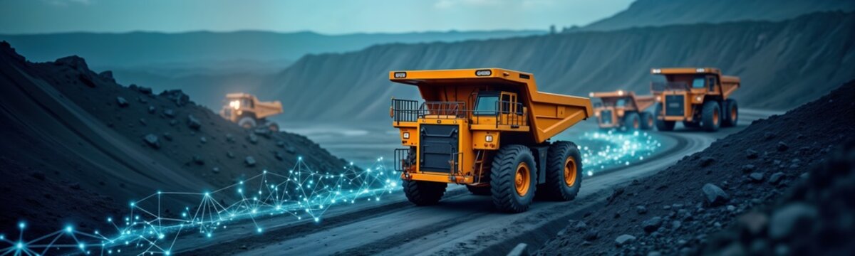 Connected mining vehicles move along digitally optimized route in quarry. Tech solutions improve efficiency, planning. Innovation in mining supply chain. Intelligent systems manage resources,
