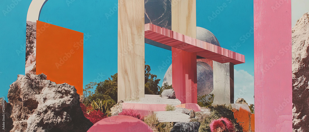 Poster Minimalistic mixed media collage using natural textures and sustainable architecture elements