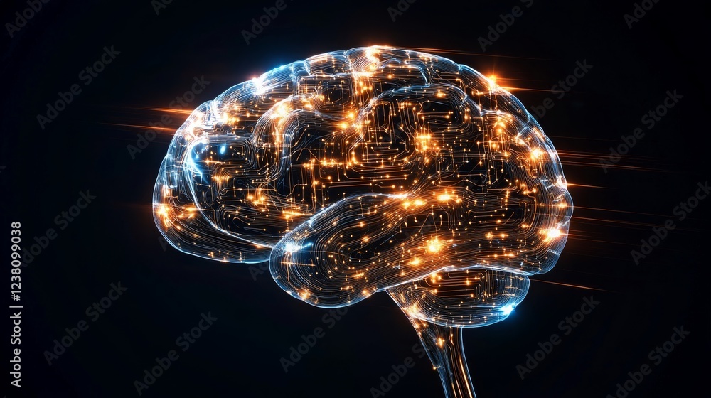 Poster visual representation of artificial intelligence in a glowing brain with circuits in 4k quality