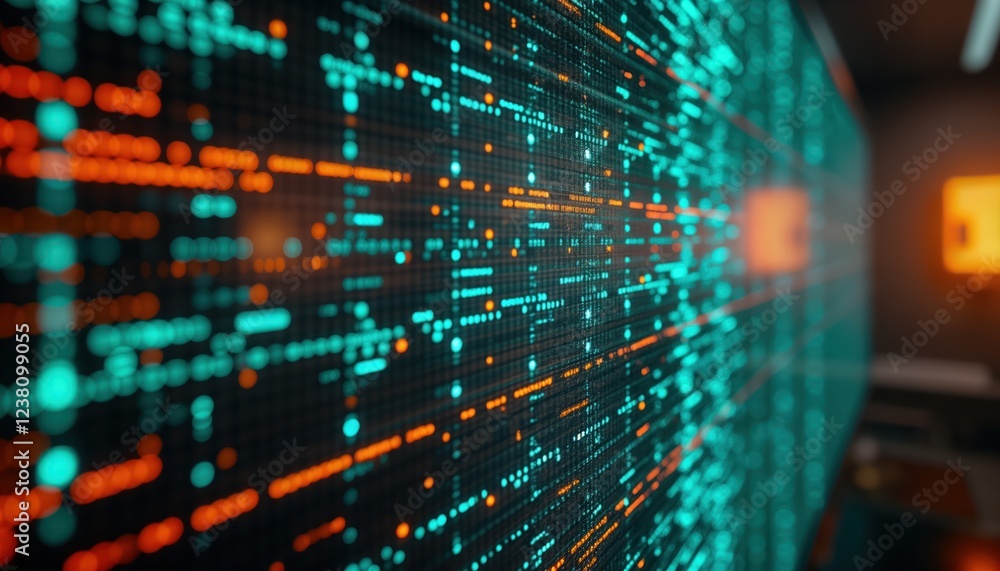 Poster Futuristic digital wall displays data streams. Abstract tech background shows flowing binary code. Network connectivity concept. Innovative tech design. Dynamic graphic illustration shows matrix