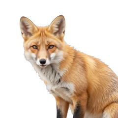 Fototapeta premium Wild red fox, alert and curious expression, vibrant orange fur, suitable for nature themes or wildlife education materials. Isolated on white background or PNG