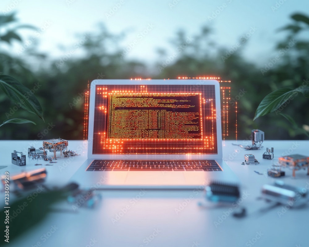 Leinwandbilder futuristic coding laptop sleek metal frame with robotic components on minimal white desk - elevating