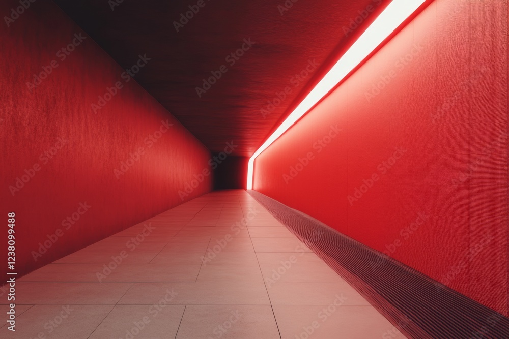 Poster Futuristic Red Hallway Sleek Minimalist Design with LED Illumination - Modern Architecture for Tech Spaces and Digital Marketing Atmospheres