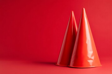 Minimalist Red Safety Cones on Smooth Surface - Industrial Safety Aesthetic for Workplace Preparedness and Modern Event Planning