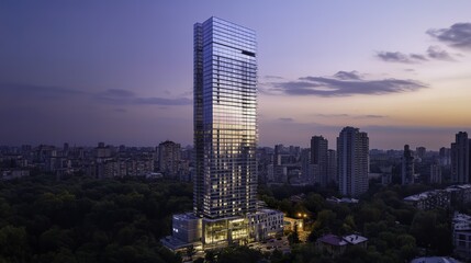 Fototapeta premium A towering glass skyscraper stands amidst a bustling cityscape, bathed in golden hour light, evoking urban elegance and modern grandeur