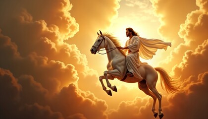 Fototapeta premium Jesus rides white horse high above golden clouds. Divine presence, triumph over evil. Powerful image of success, faith. Epic illustration evokes sense of judgement, heavenly victory. Dramatic