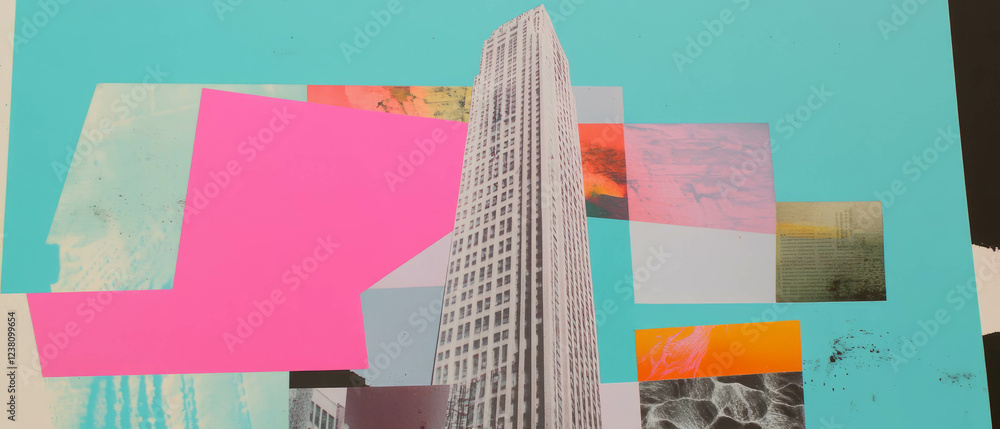 Poster mixed media collage showcasing fragmented skyscraper with geometric shapes