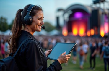 Woman festival organizer uses tablet outdoors. Music event coordinator wearing headset and tablet. She manages concert event. Person smiles. Public relations specialist. Lots of people at event.