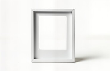 Empty white instant photo frame stands on white background. Simple design. Slight shadow on white surface. Blank frame for adding photo image. Modern, minimalist design for various purposes.