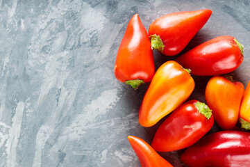 Ripe Colorful Bell Peppers Capsicum on Gray Concrete Background, Copy Space