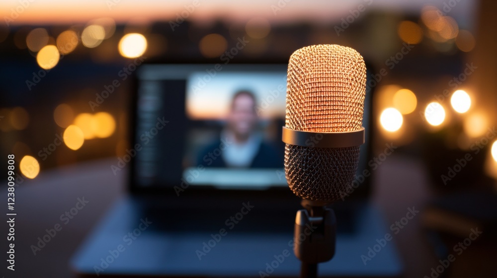 Aufkleber contemporary podcast studio gold mesh microphone and blurred guest on laptop - modern media producti