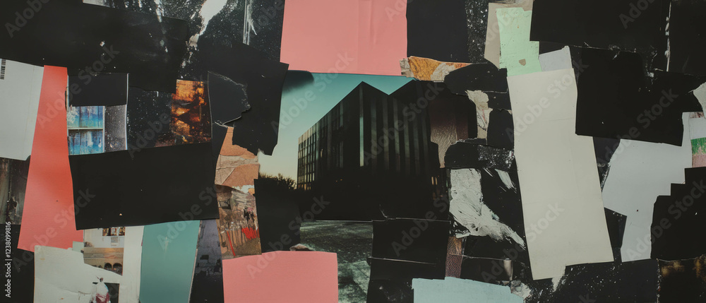 Poster minimalistic mixed media collage featuring recycled building and diverse textures