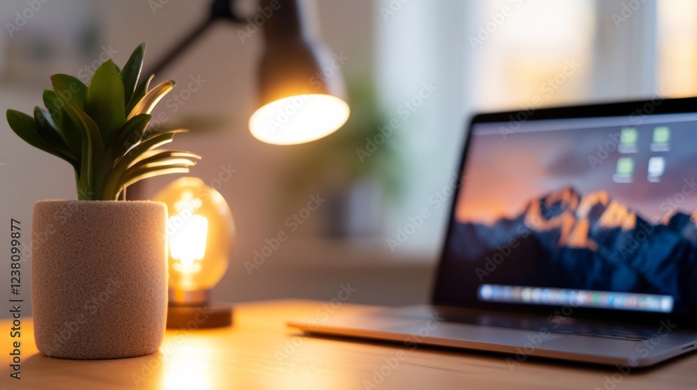 Aufkleber serene workspace aesthetic mid-century modern lamp and minimalist desk setup for creative remote col