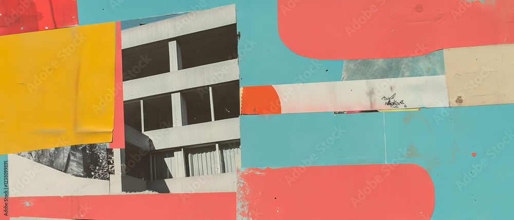 Poster minimalistic mixed media collage combining textures and playful cutouts