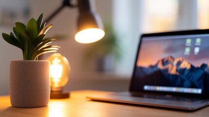 Serene Workspace Aesthetic Mid-Century Modern Lamp and Minimalist Desk Setup for Creative Remote Collaboration in Tech-Driven Content Production