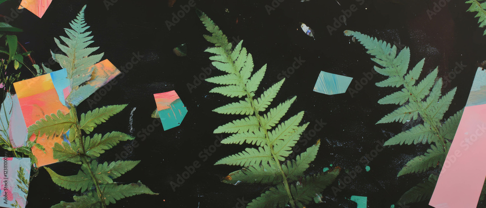 Poster minimalistic mixed media collage featuring pressed ferns against a colorful background