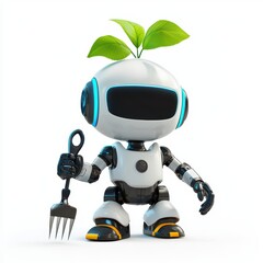 small robot gardener with tools attached and a plant growing on its head, centered on a clean white background