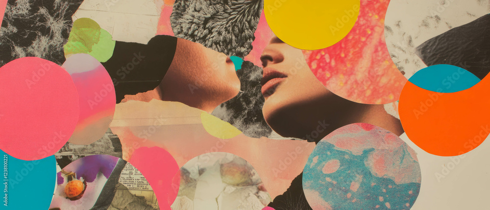 Poster minimalistic mixed media collage featuring seed patterns and vibrant textures