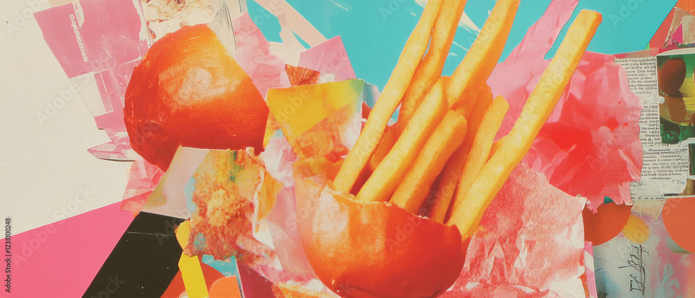 Poster Stylized french fries collaged with colorful textures and patterns in playful composition