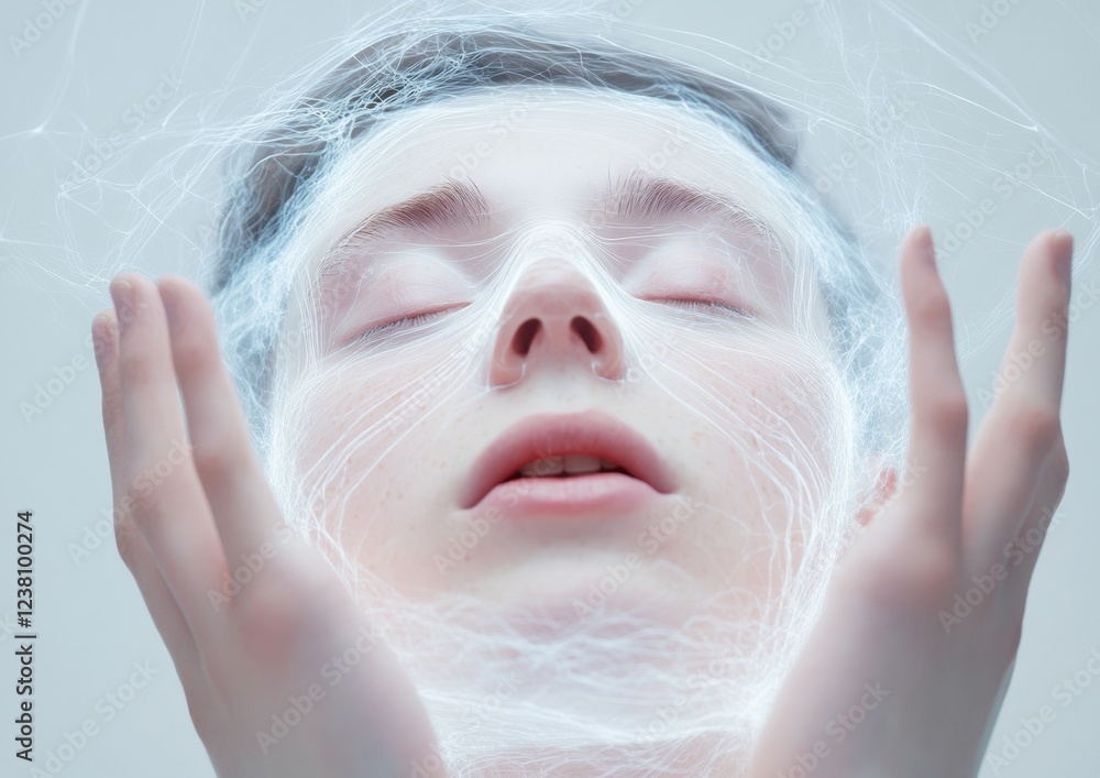 Aufkleber Futuristic Portrait Art Emotion-Driven Digital Layers with Ethereal Textures - Innovative Metaphysical Branding for Tech-Forward Marketing Campaigns