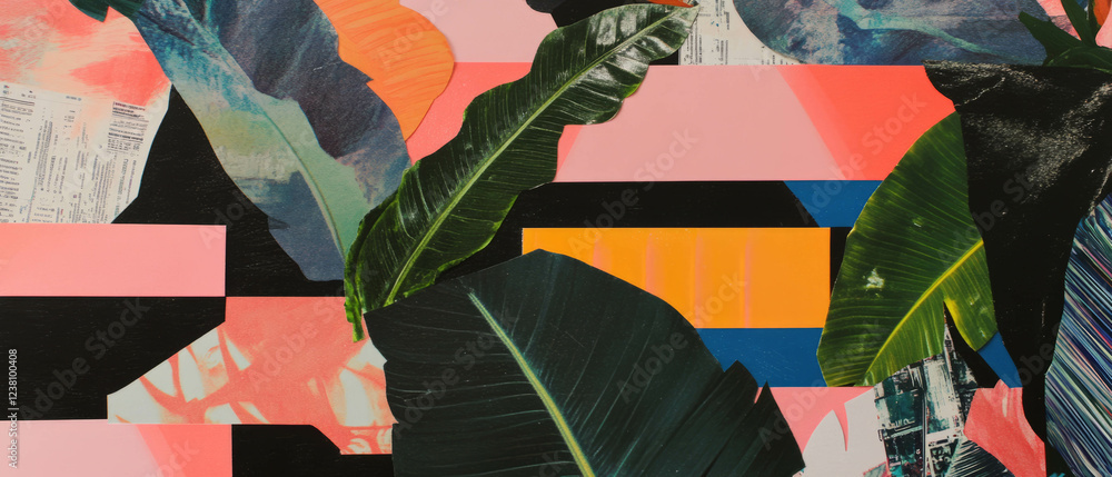 Poster Exploration of textures in a minimalistic mixed media collage with vibrant leaf patterns