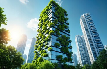 Obraz premium Eco friendly building with green plants, trees. Modern architecture blends nature with urban environment. Sustainable design uses renewable energy. City landscape innovation in eco construction.