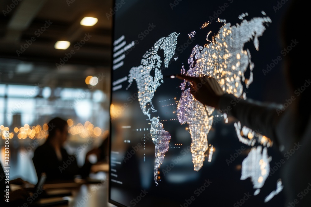 Aufkleber Interactive Digital Map Display Multinational Team Strategizing Global Trade Routes with LED Screen and Natural Light - Modern Logistics and Dynamic Supply Chain Management