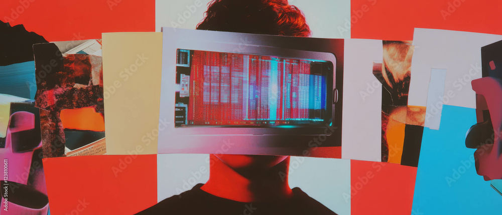 Poster Minimalistic mixed media collage featuring technology and data center imagery with various textures