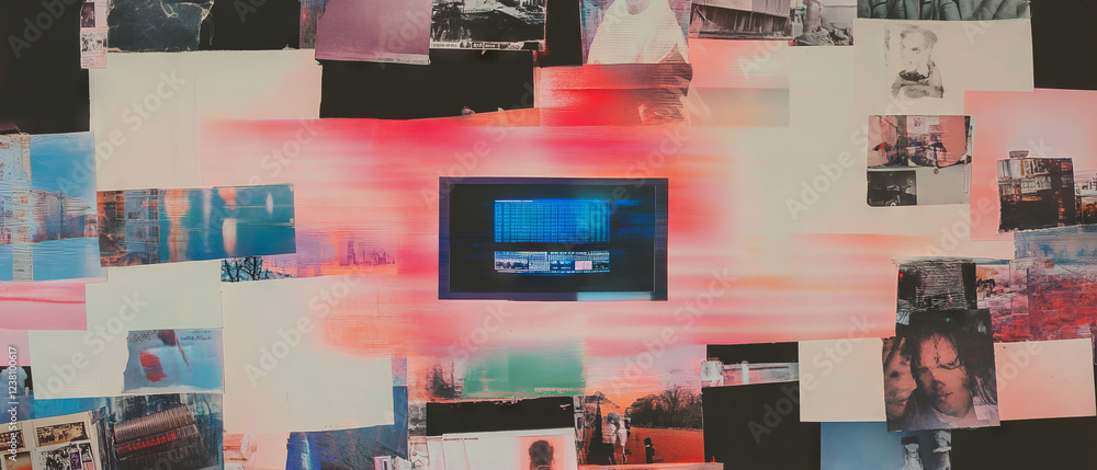Poster exploration of technology through mixed media collage with diverse textures and imagery