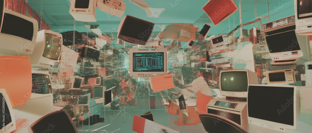 Poster Exploring minimalistic mixed media collage with technology and data center elements