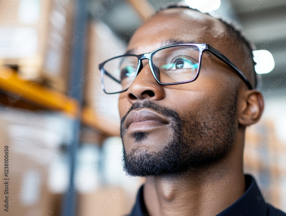 Poster smart inventory monitoring focused black warehouse manager utilizing digital tablet in modern logist
