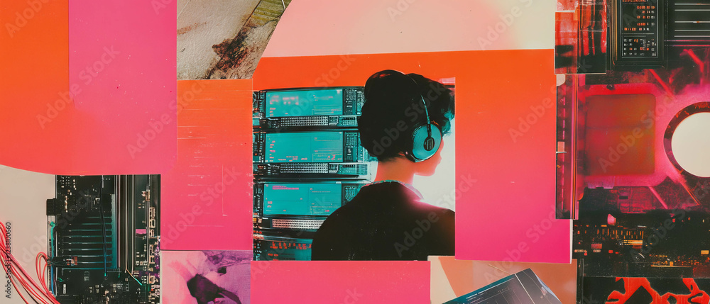 Poster minimalistic mixed media collage showcasing technology and vibrant textures in harmonious design